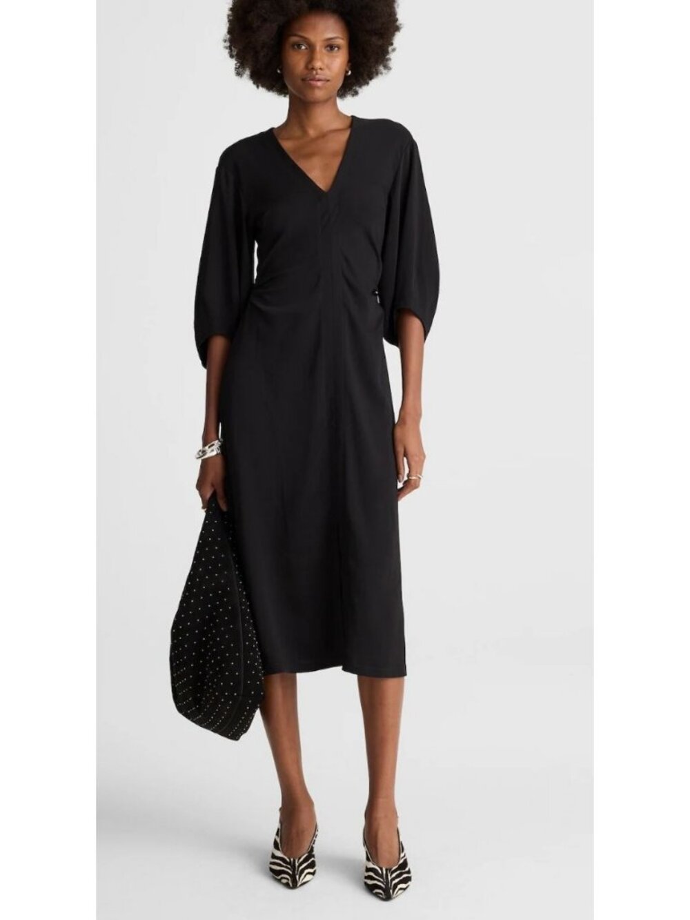 Madewell V-Neck Ruched Midi Dress Black Size 6 NWT NY270